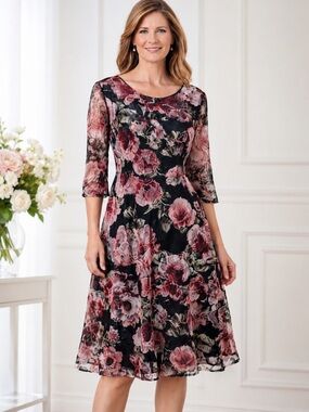 CHAYA Black & Pink Lace Floral Fit N Flare Dress 8P NWOT
